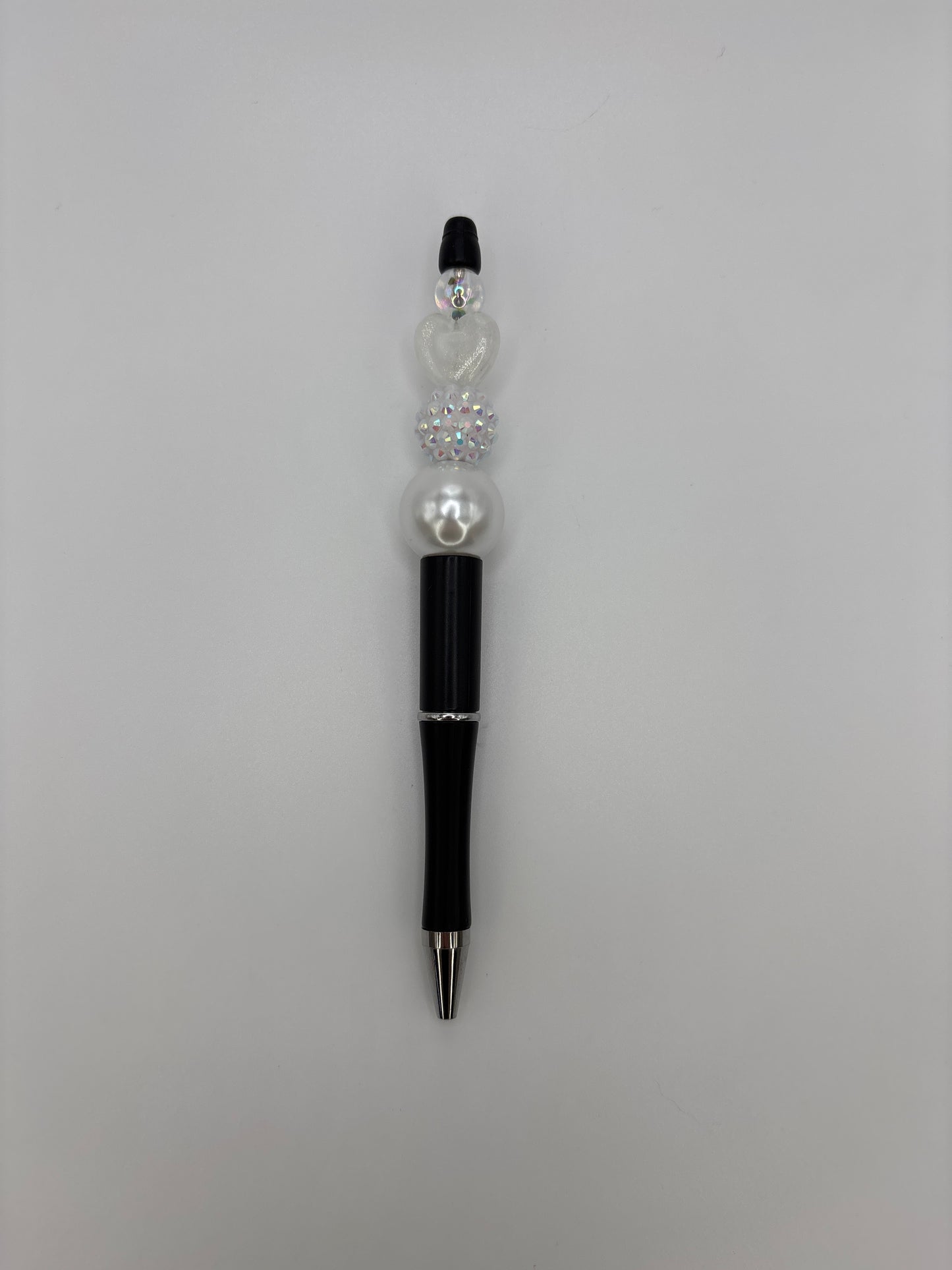 White Pearl & Crystal Beaded Pen – Heart & Rhinestone Accent - Elegant Sparkle Pen Gift
