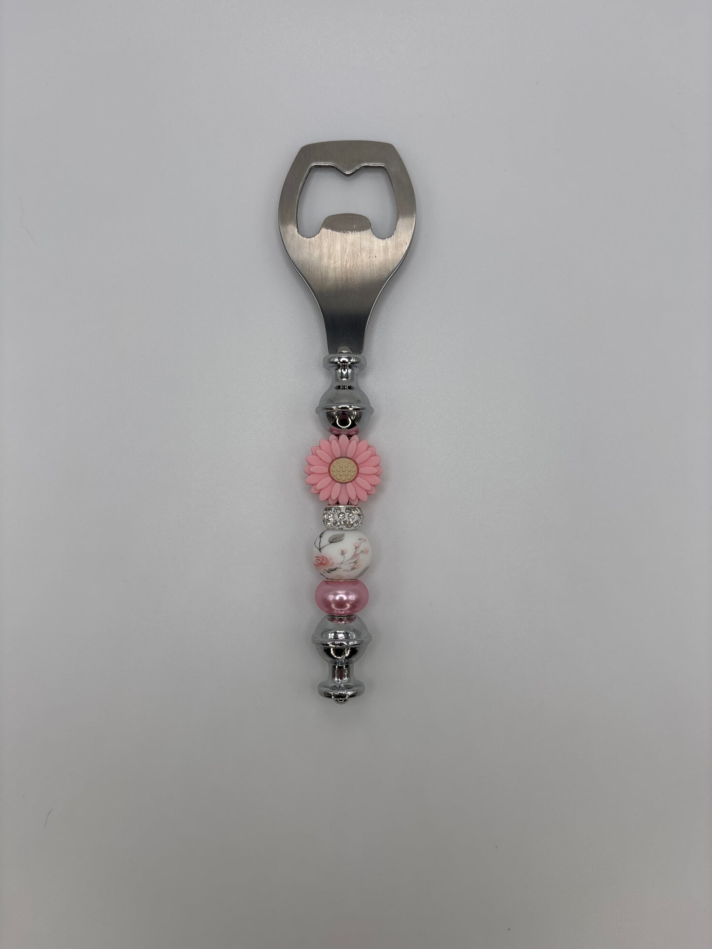 Pink Floral Daisy Beaded Bottle Opener with Pearl & Ceramic Beads - Handmade Gift