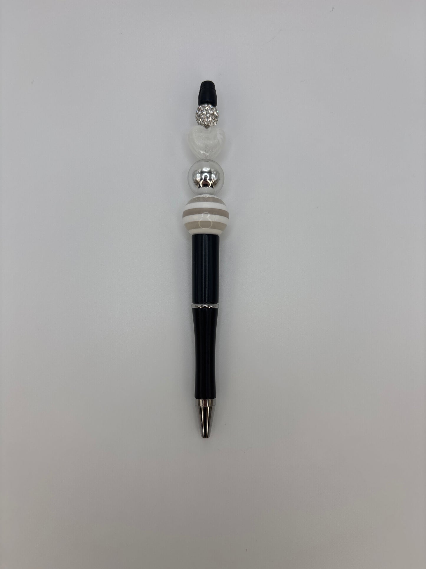 Silver Stripe Beaded Pen – Heart & Rhinestone Accent - Elegant Black & White Luxury Pen Gift