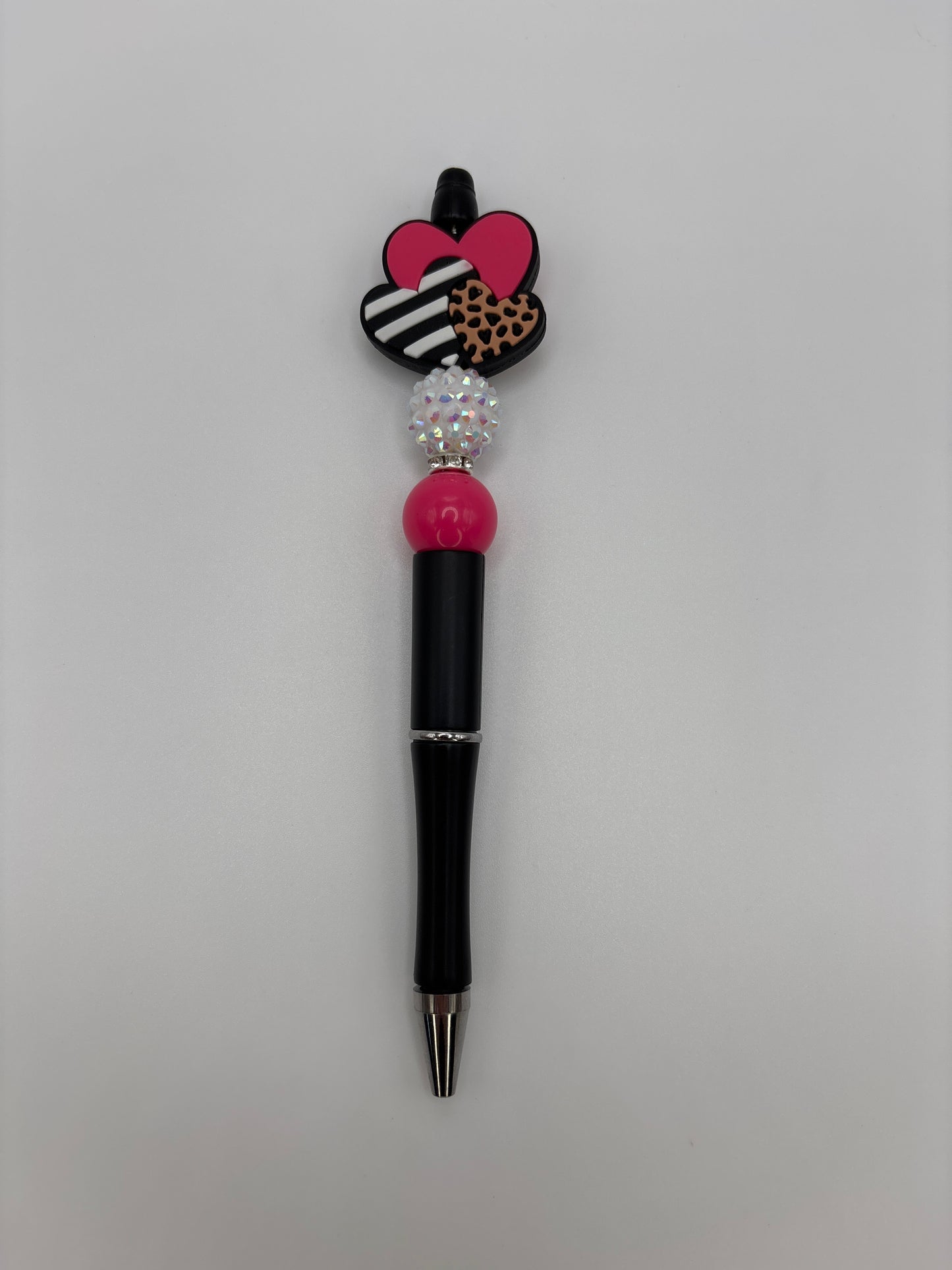 Pink Animal Print Heart Focal Beaded Pen - Hot Pink & White Sparkle Beads - Refillable Black Barrel Pen