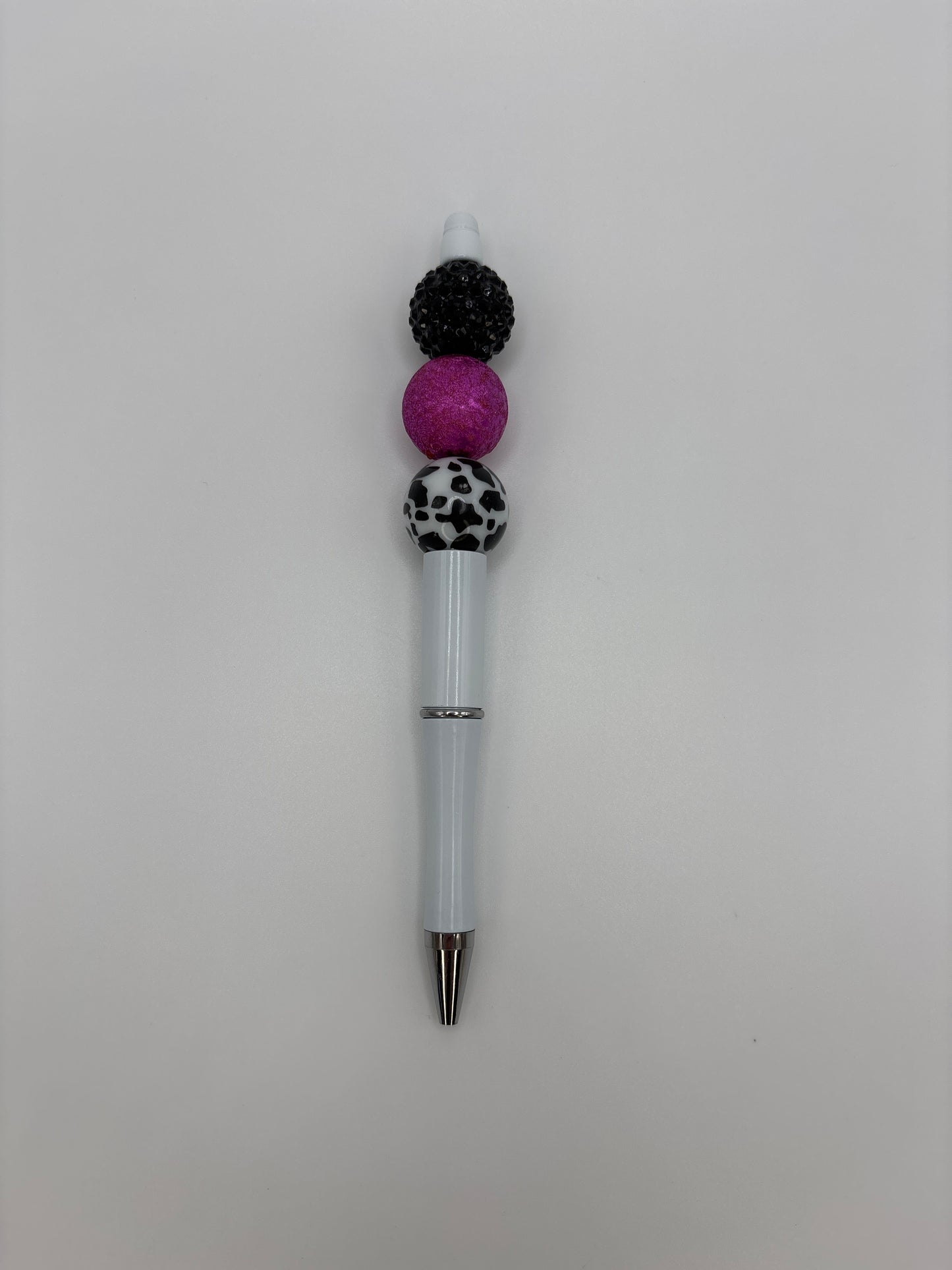Cow Print & Textured Fuchsia Beaded Pen – White Refillable Barrel
