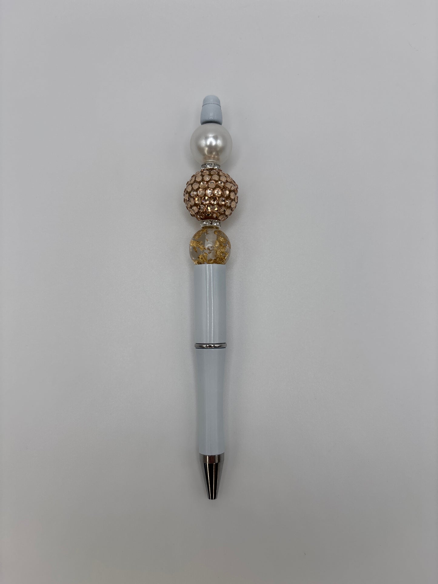 Gold Glam Beaded Pen - Pearl & Rhinestone with Gold Foil Bead - Refillable White Barrel Pen