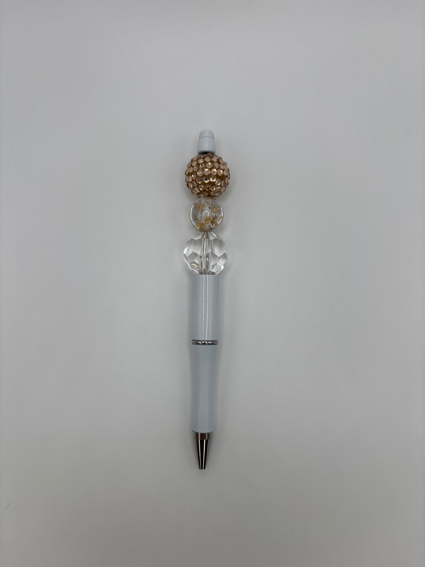 Golden Crystal Luxe Beaded Pen - Gold Rhinestone & Clear Beads - Refillable White Barrel Pen