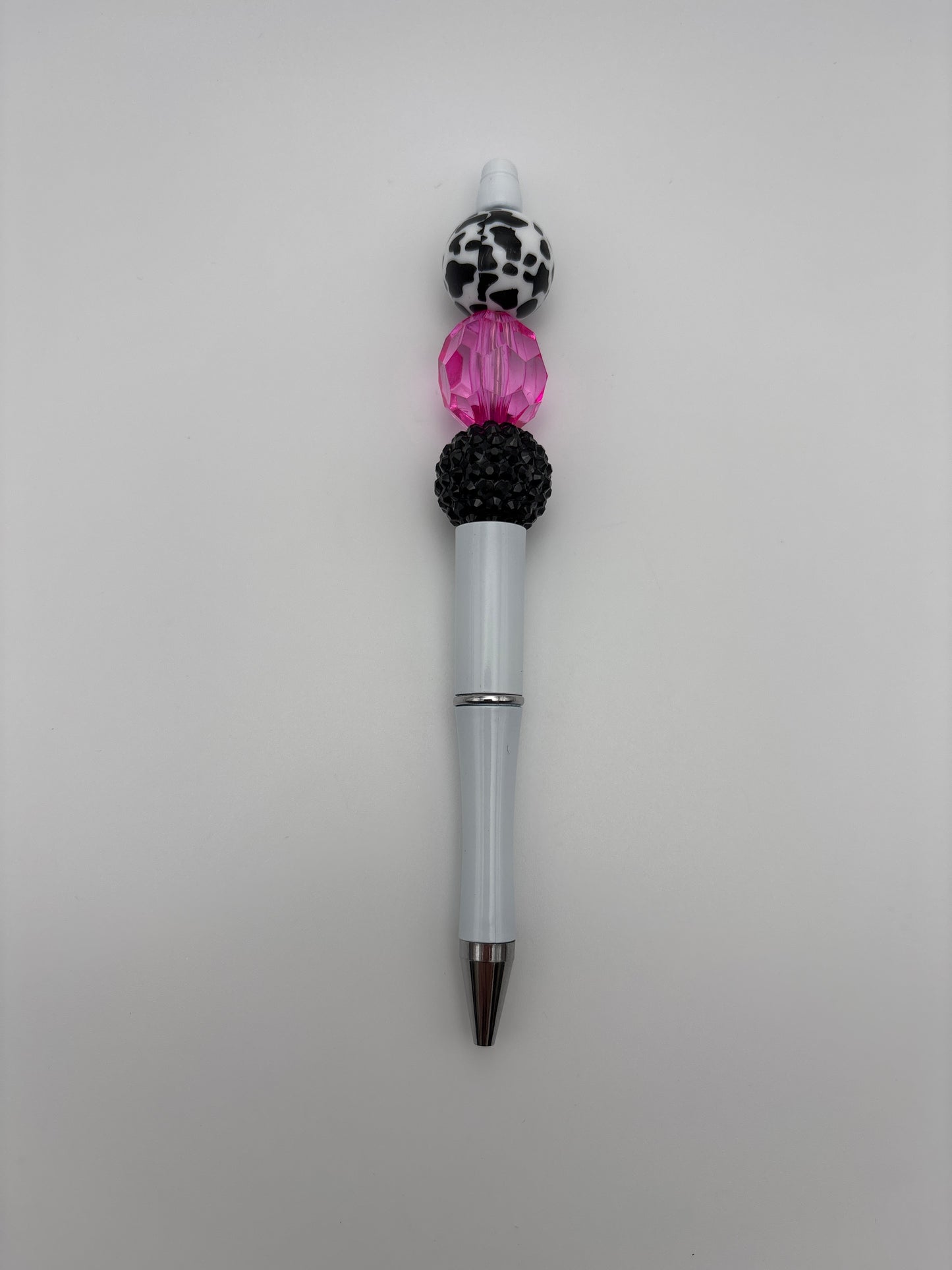 Cow Print & Fuchsia Sparkle Pen – Black Rhinestone, Hot Pink Faceted Crystal - White Barrel Pen