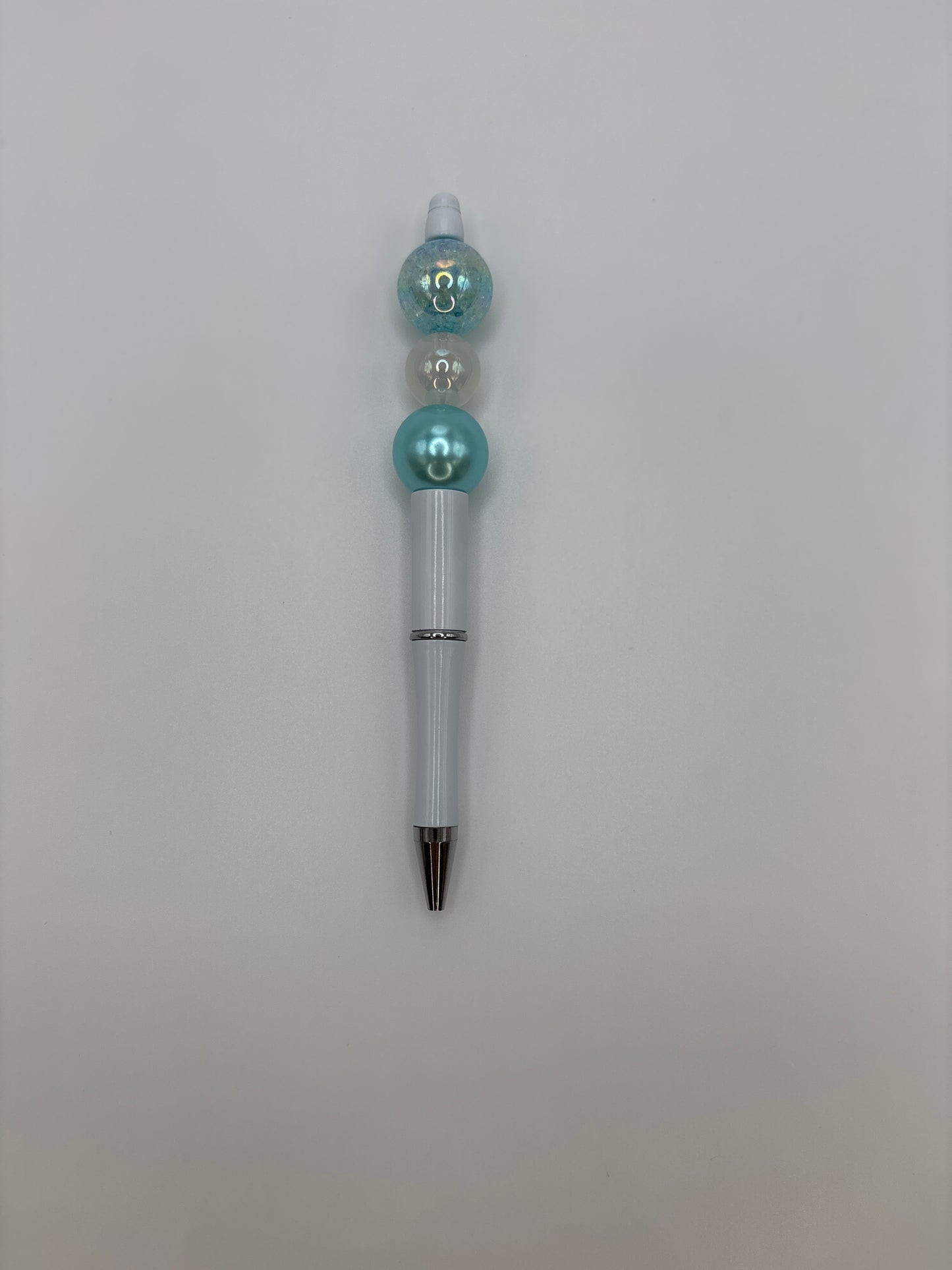 Mermaid Glow Beaded Pen – Iridescent Teal & Sparkly Beads - Coastal Chic Writing Pen with White Barrel