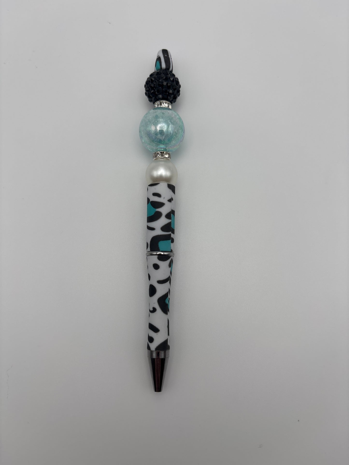 Teal Iridescent Glow & Black Sparkle Animal Print Beaded Pen