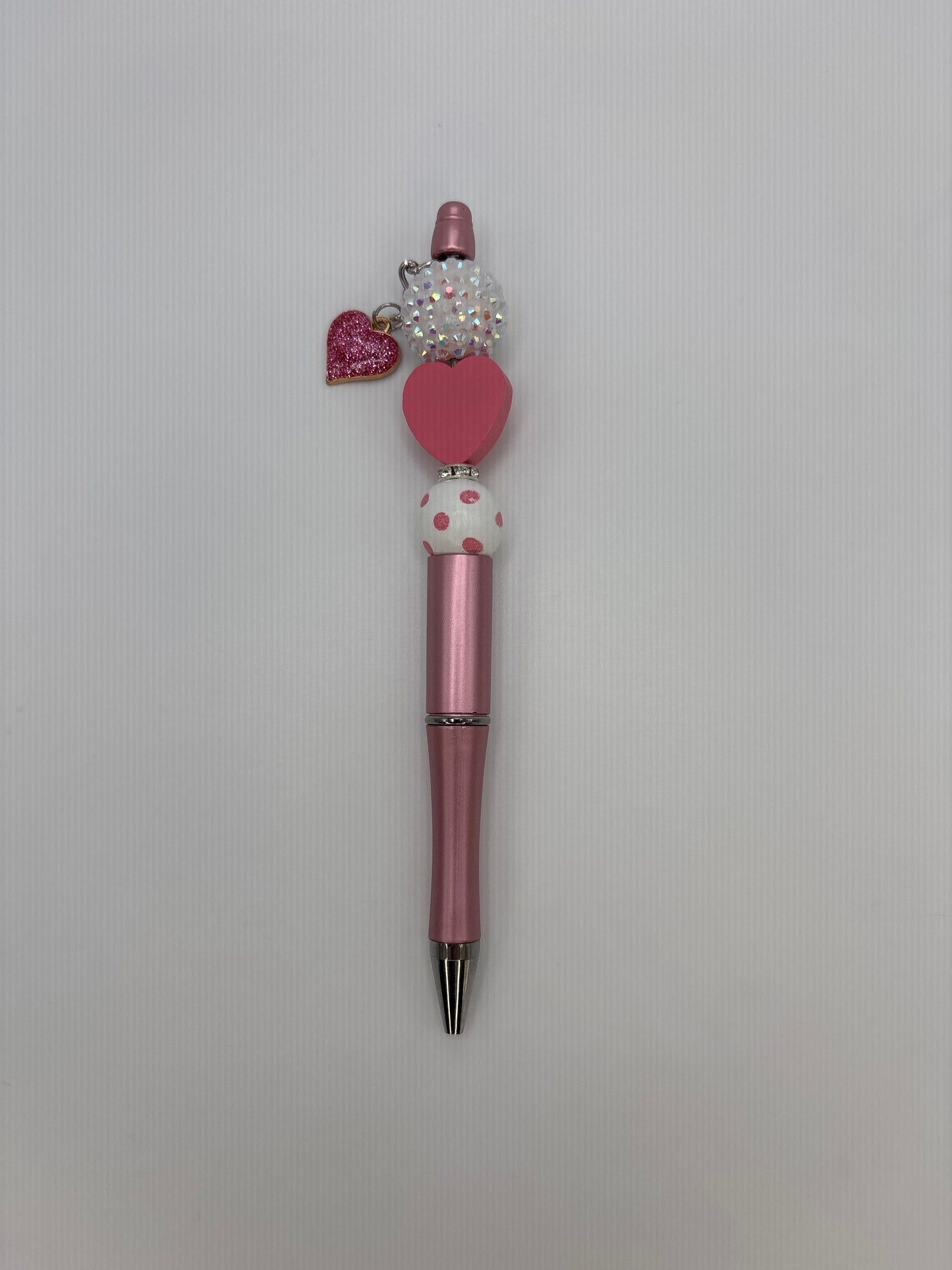 Pink Heart Charm Beaded Pen – Glitter Charm & Polka Dot Bead