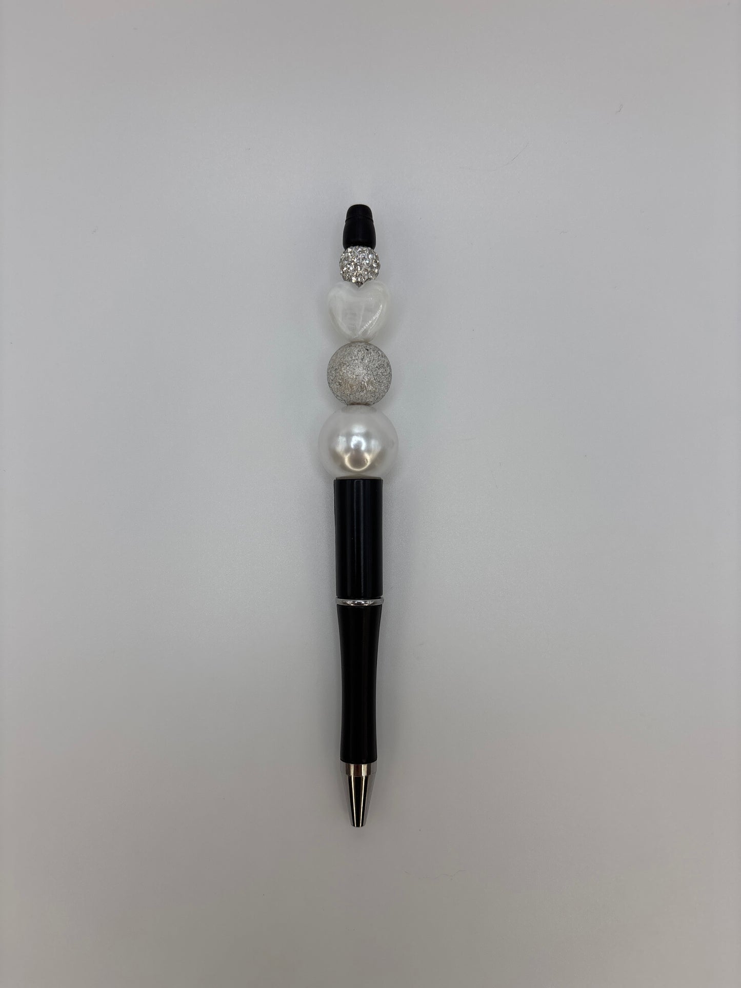 Frosted Pearl Beaded Pen – Heart & Silver Sparkle Accent - Elegant Winter-Inspired Gift Pen
