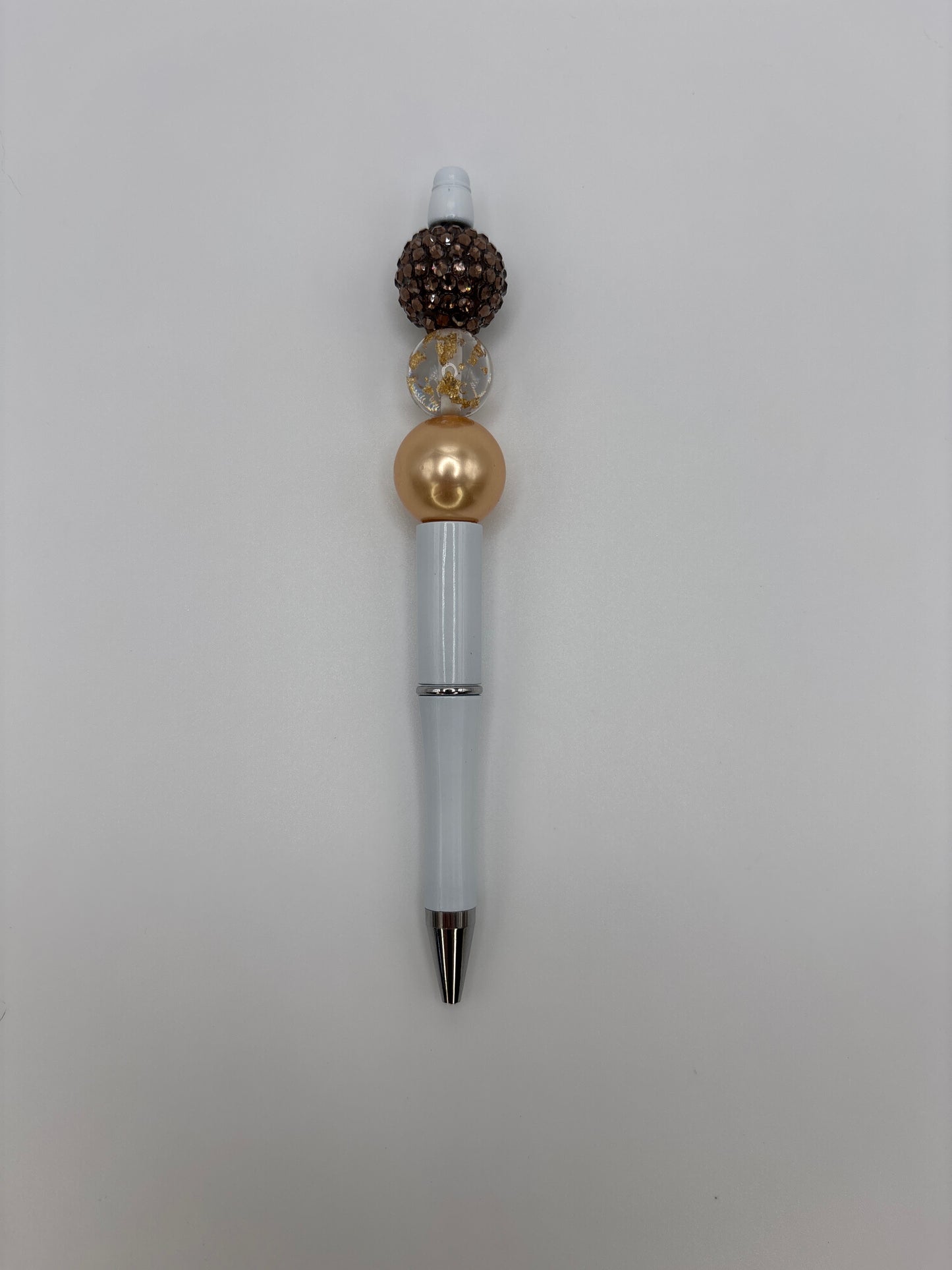 Mocha Gold Luxe Beaded Pen - Brown Rhinestone & Gold Foil Beads - Refillable White Barrel Pen