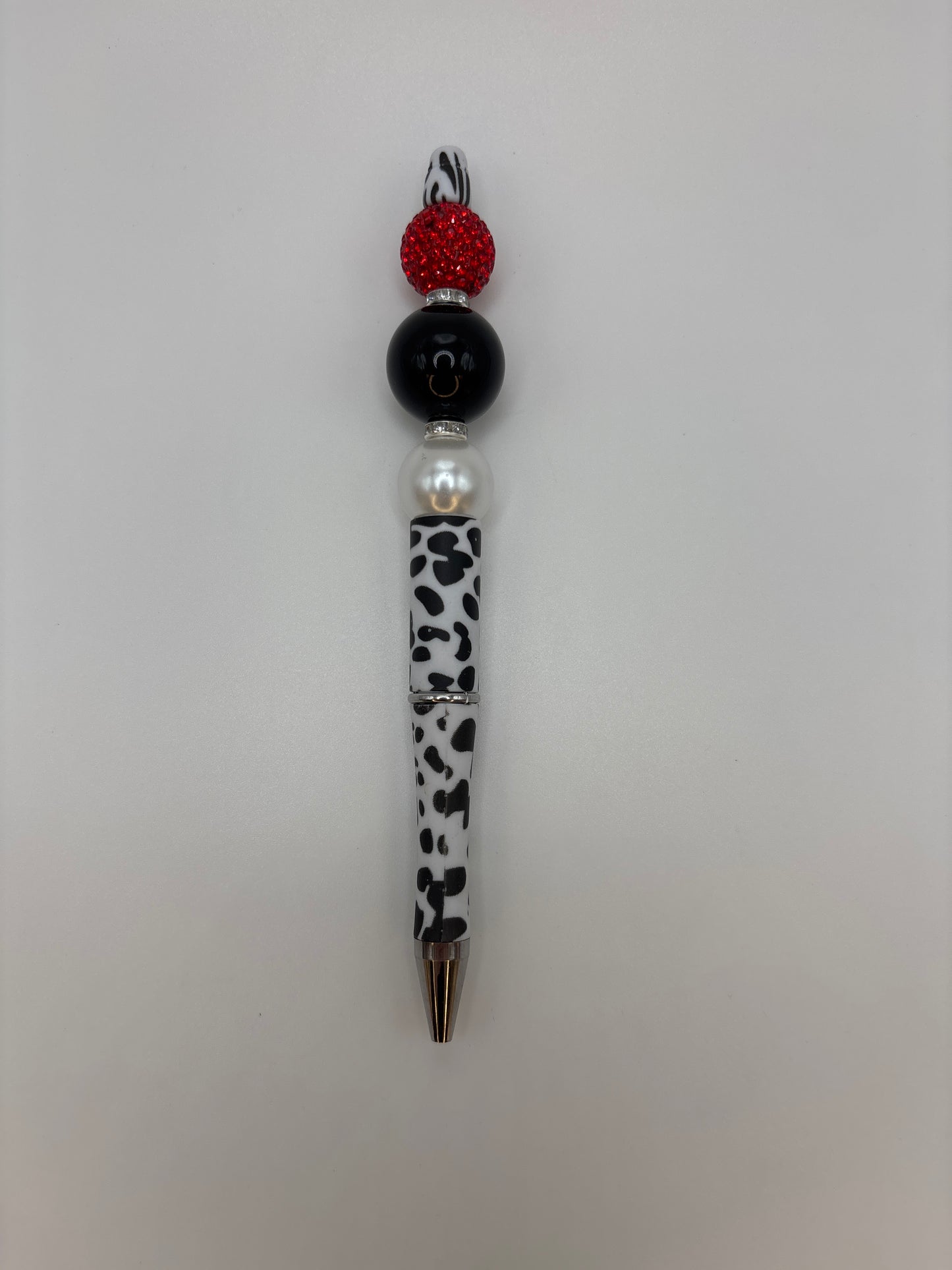 Cow Print Glam Beaded Pen with Red Sparkle, Pearl & Black Bead Pen β Handmade Gift for Her