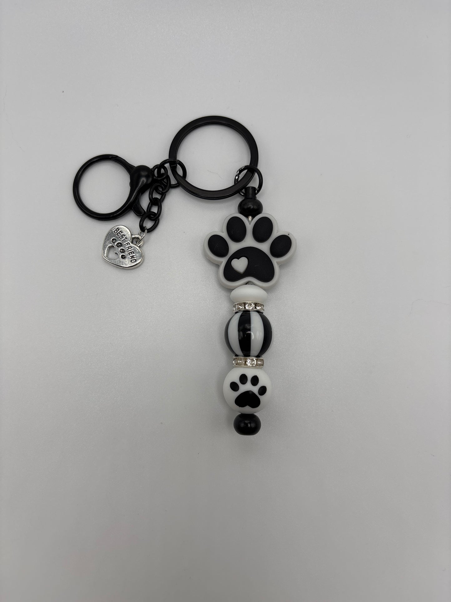 Black & White Paw Print Keychain with Stripe Bead – Cute Pet Lover Gift - Dog Mom Accessory