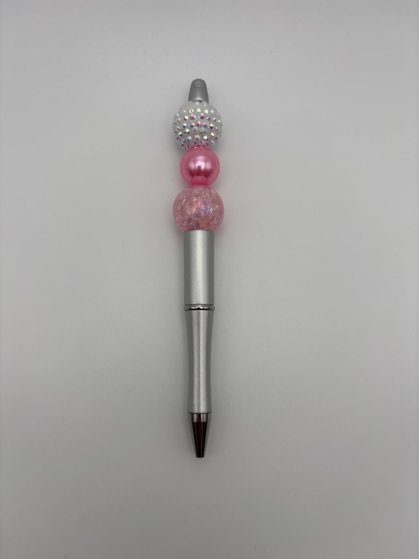 Pink Frost Glam Pen – Iridescent Rhinestone, Hot Pink Pearl & Cracked Glass Beads on Silver Barrel