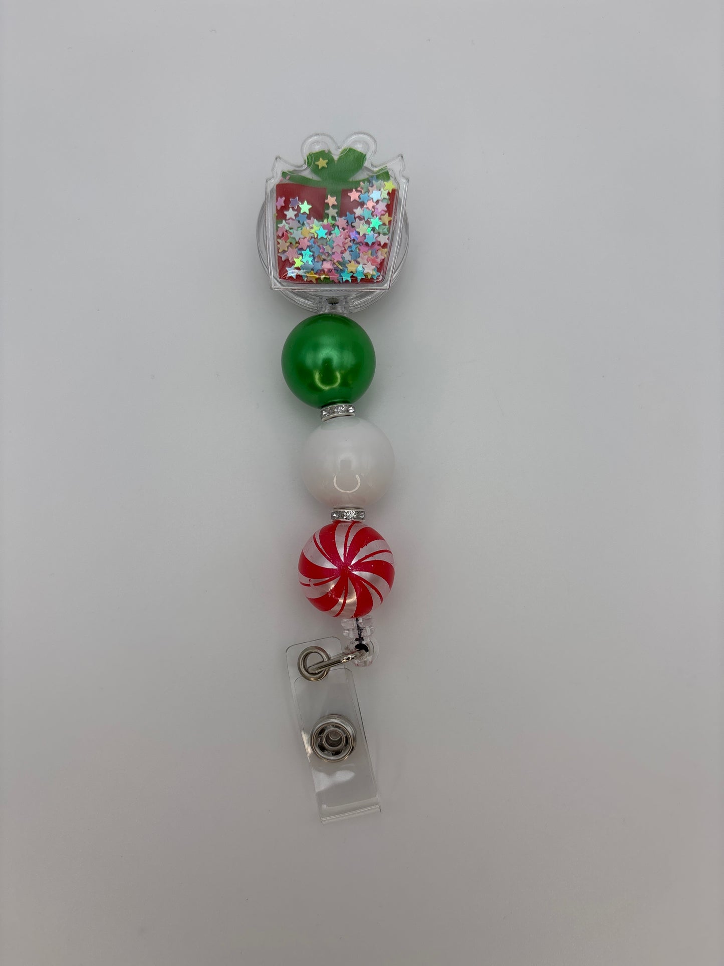 Christmas Box Gift Sparkly Shaker Badge Reel - Holiday Plastic Shaker ID Badge Holder β Beads & Glimmer