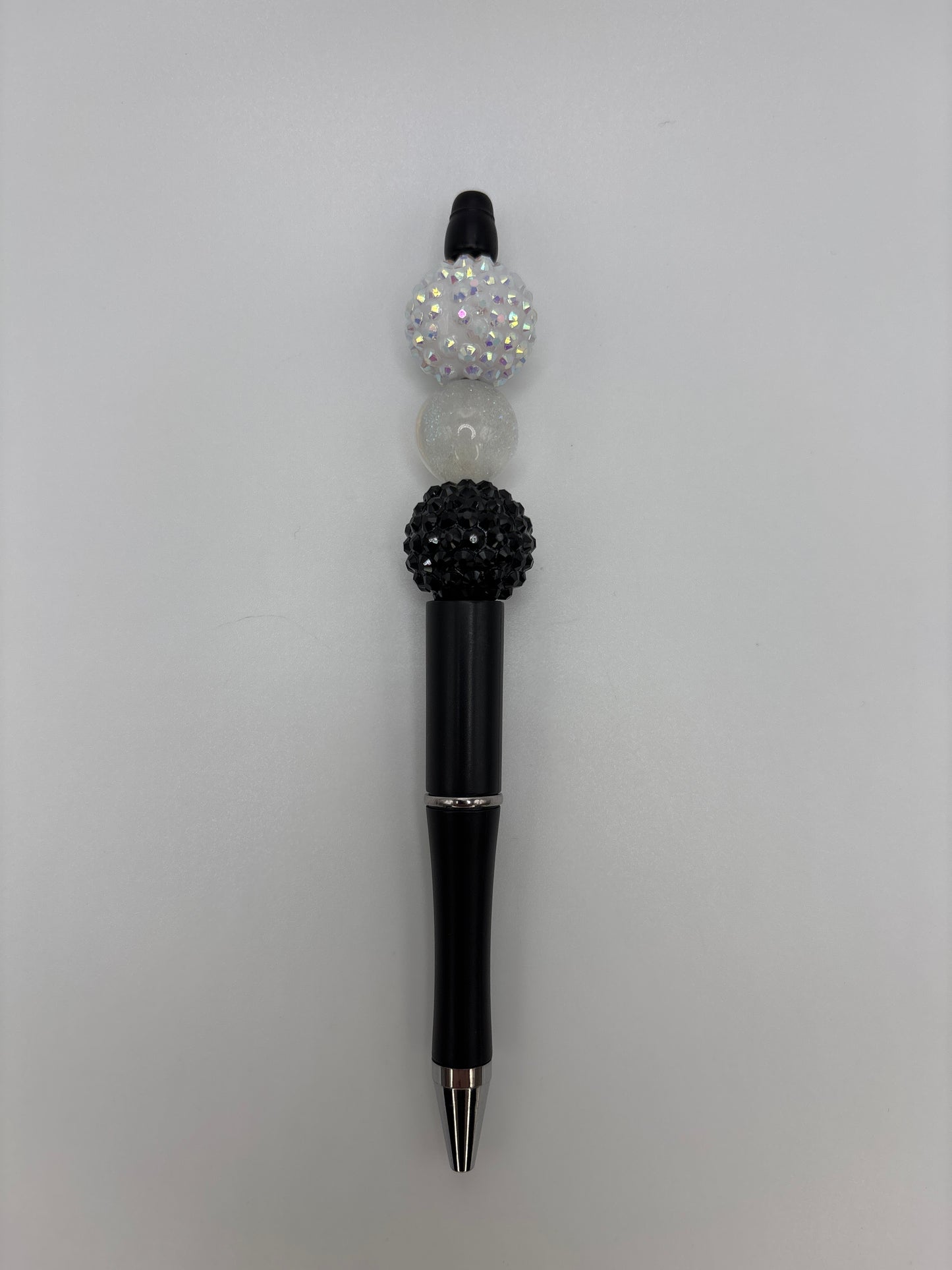 Frosted Glam Beaded Black Barrel Pen – Black, White & Iridescent Sparkle Pen - Chic Crystal Writing Pen