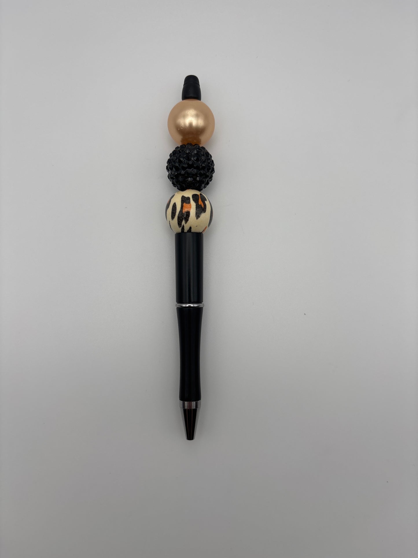 Leopard Gold Glam Beaded Pen - Black Rhinestone & Animal Print Beads - Refillable Black Barrel Pen