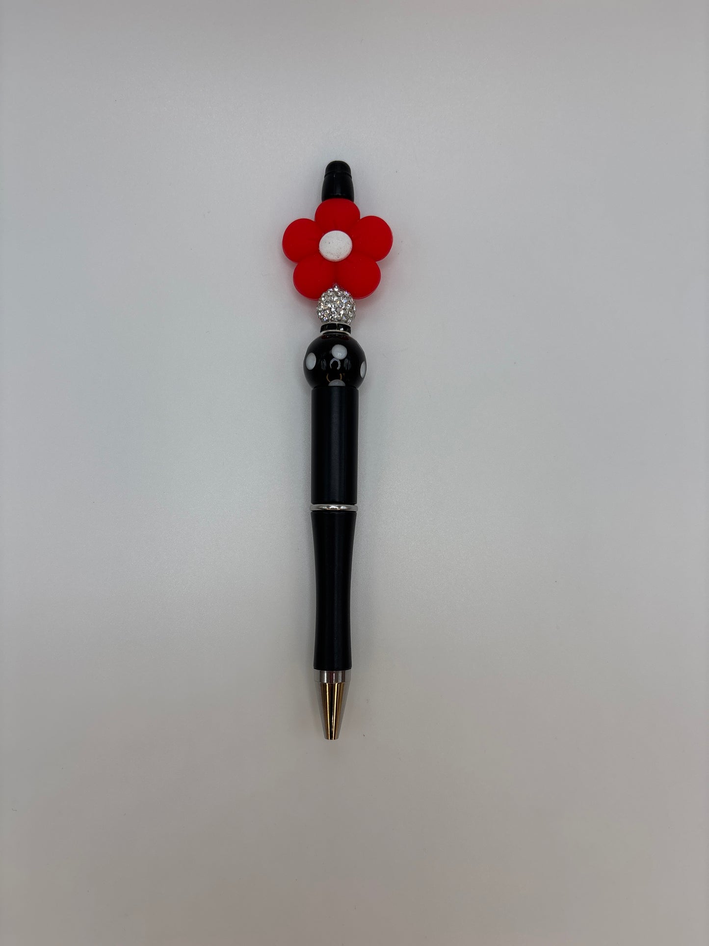 Red Daisy Flower Beaded Pen – Black Barrel, Rhinestone Accent & Polka Dot Beads - Handmade Sparkle Pen