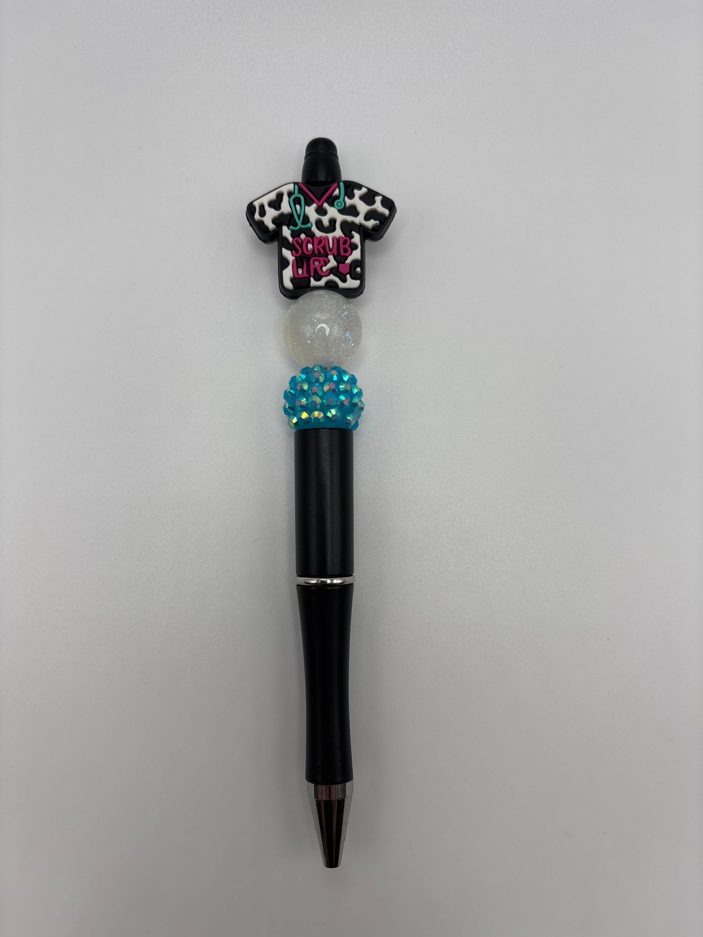 Scrub Life Beaded Pen π©Ί Cow Print & Teal Sparkle Pen β Handmade Gift for Nurses, Techs & Healthcare Workers