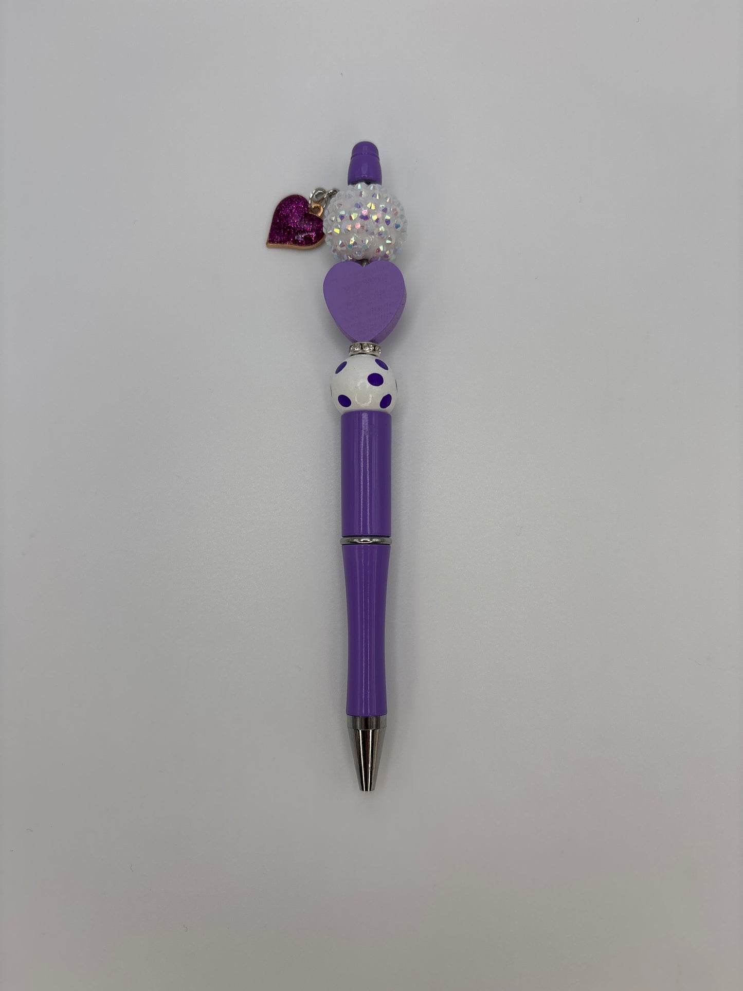 Purple Heart Charm Beaded Pen – Glitter Charm & Polka Dot Bead