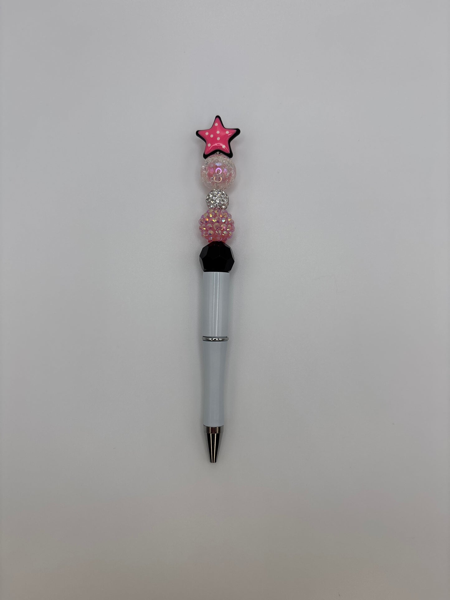 Pink Star Topper Sparkly Beaded Pen with White Barrel and Black Bead
