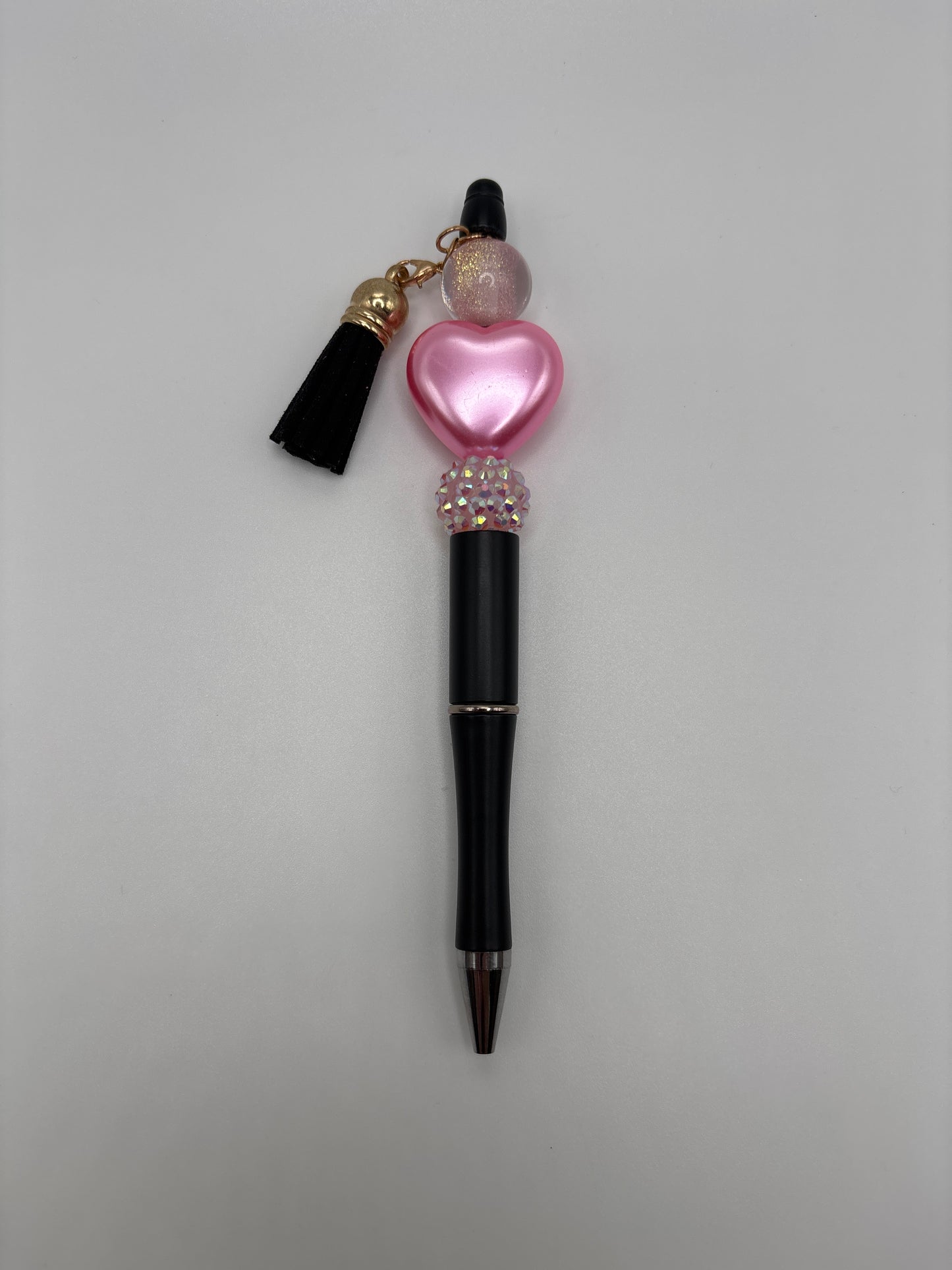 Black & Pink Heart Sparkle Beaded Pen with Black Tassel - Handmade Pen - Beads and Glimmer
