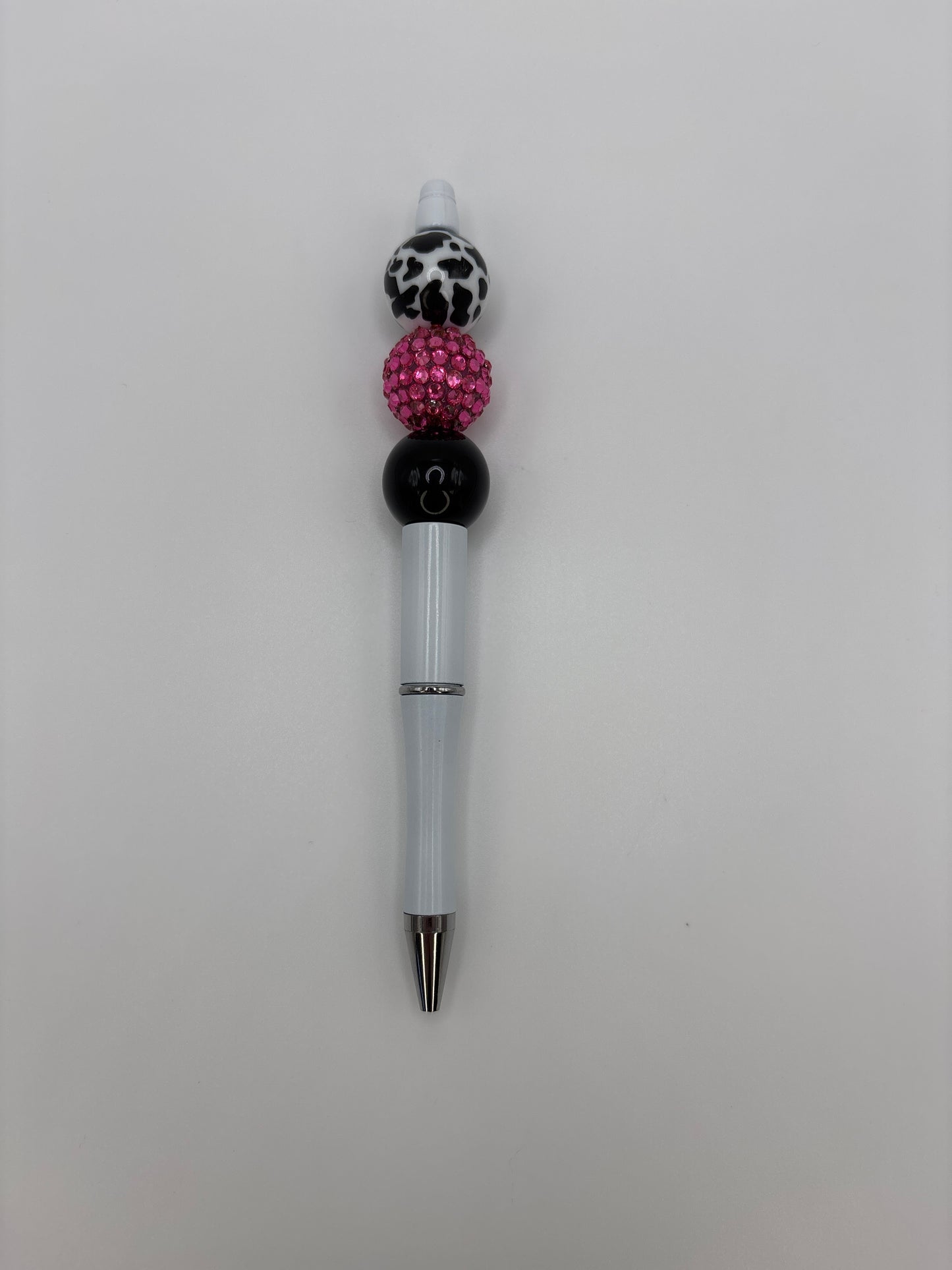 Cow Print & Fuchsia Rhinestone Beaded Pen – Refillable White Barrel