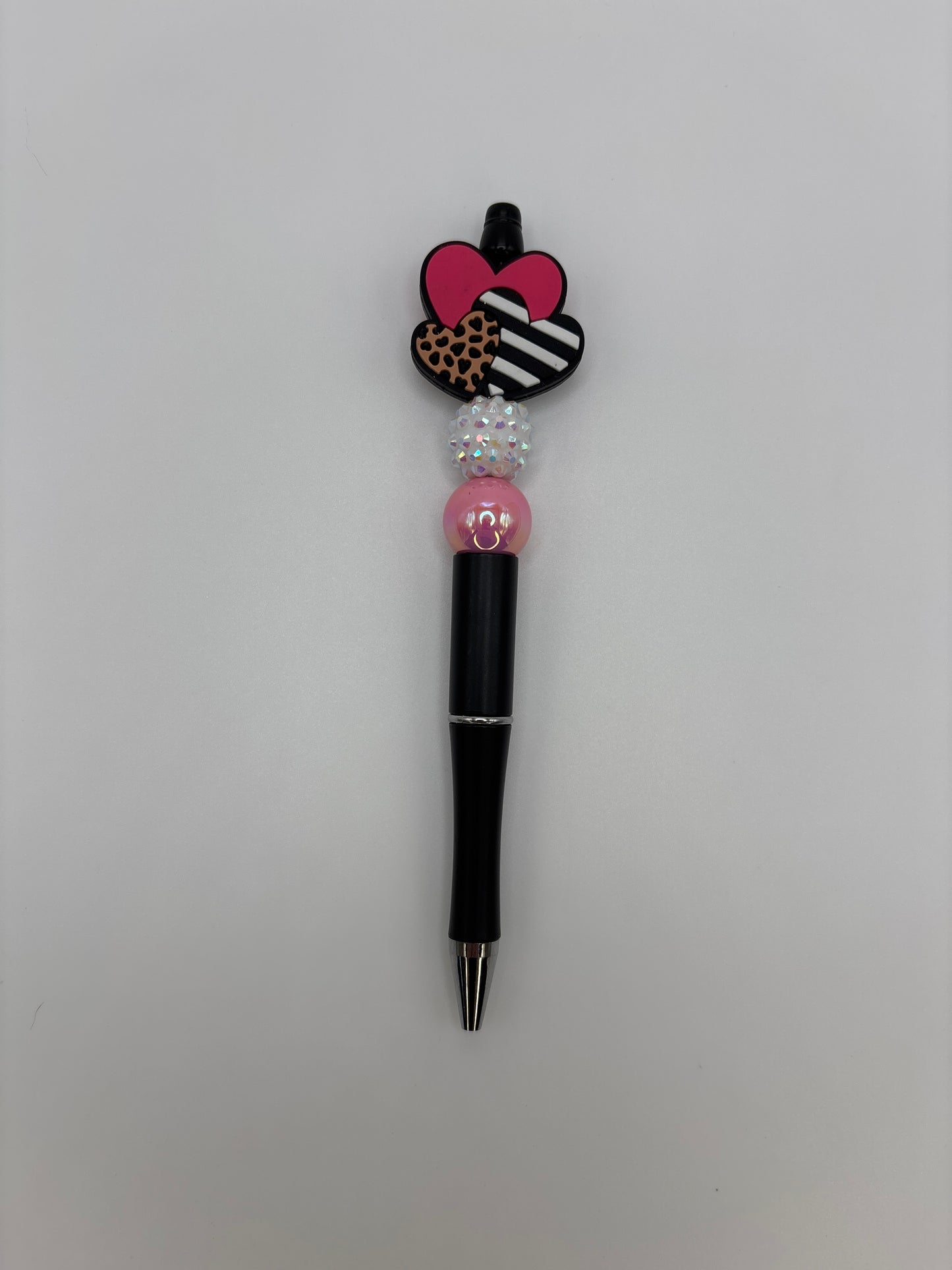 Pink Animal Print Heart Focal Beaded Pen - Sparkly White and Pink Iridescent Beads - Refillable Black Barrel Pen