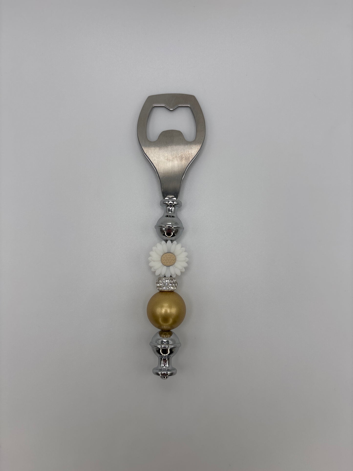 White & Gold Daisy Beaded Bottle Opener with Sparkle Rhinestones - Handmade Gift