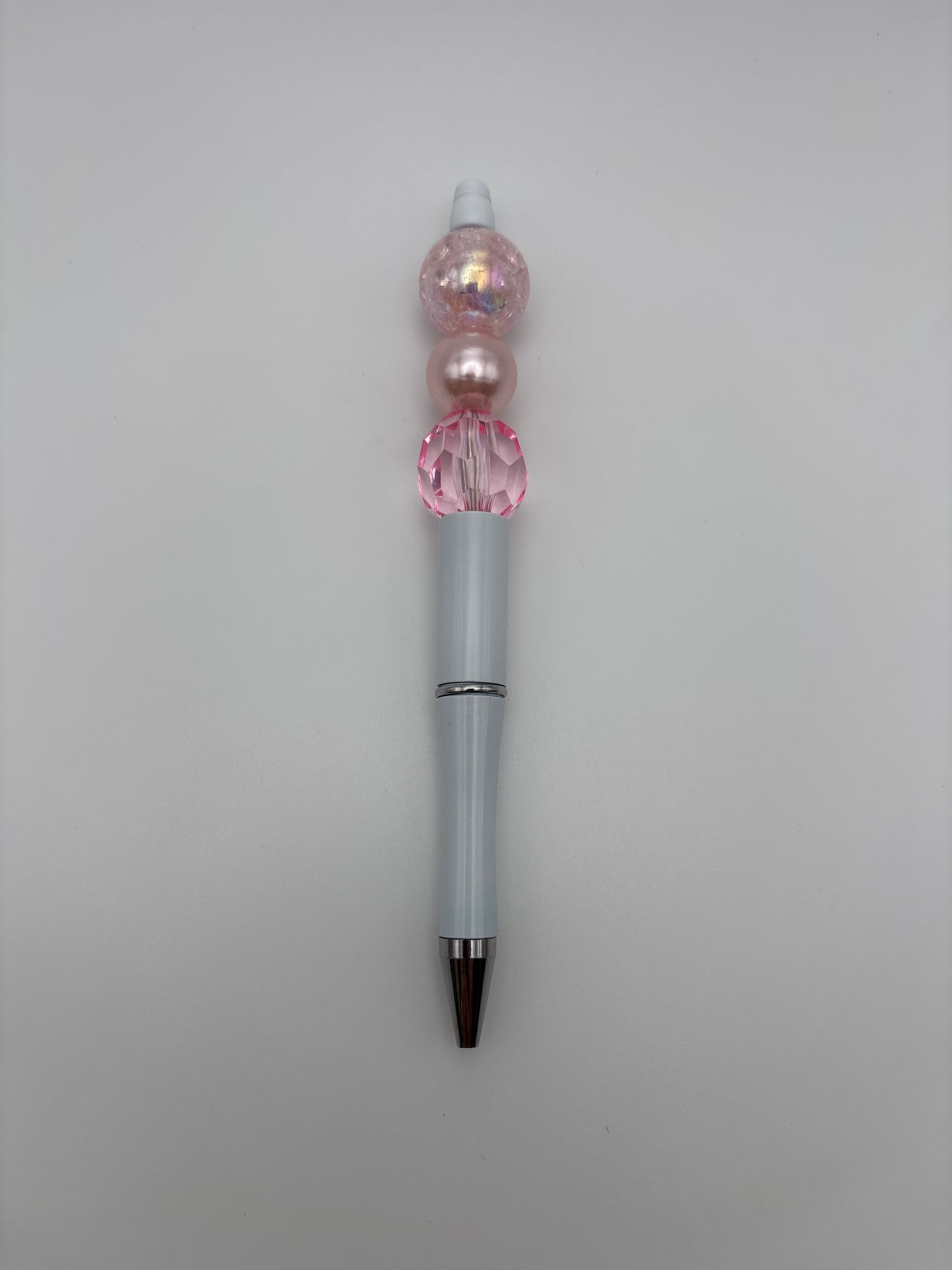 Pink Dream Pen – Soft Pearl, Cracked Glass & Faceted Crystal Beads on White Barrel