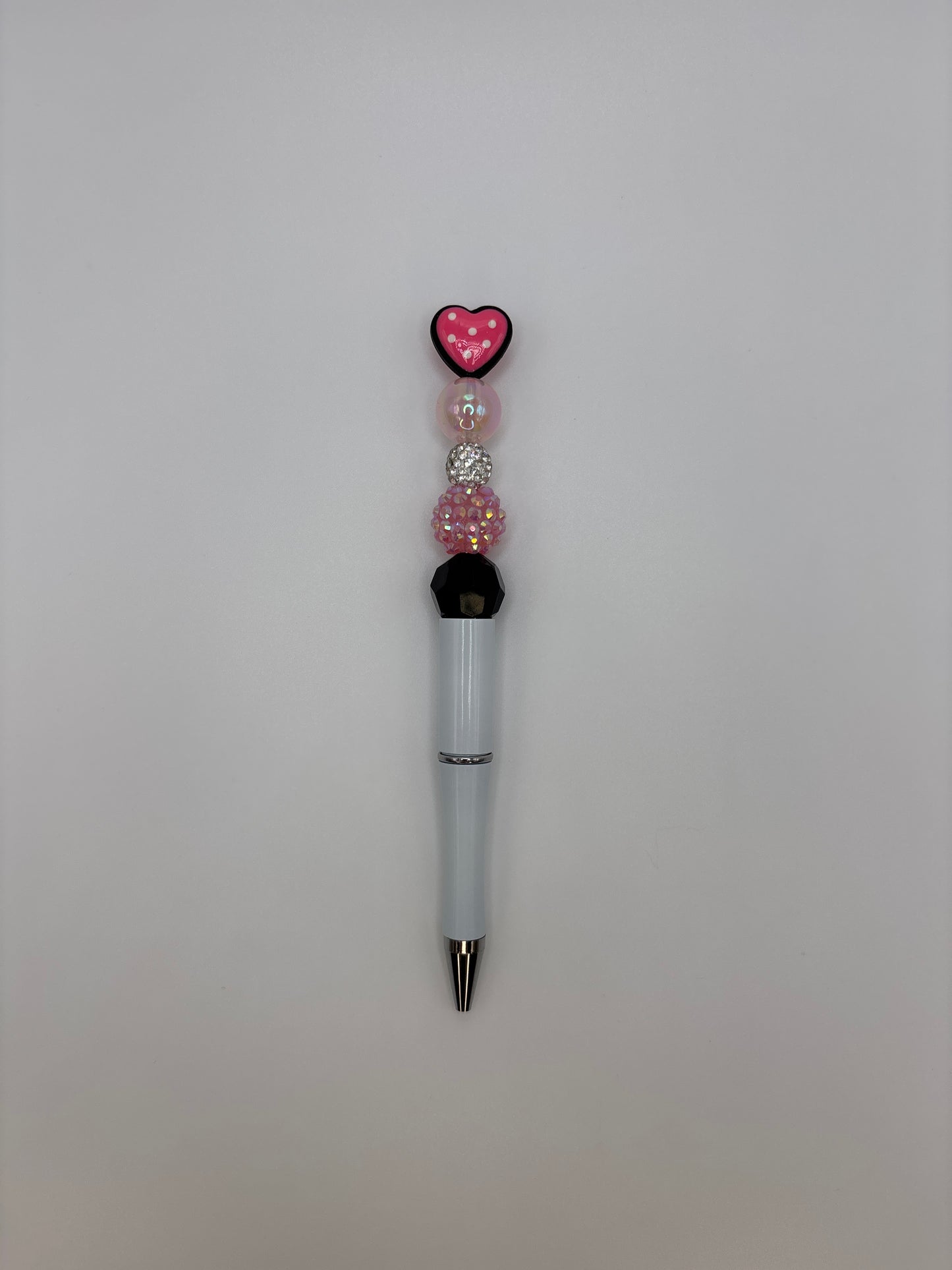 Pink Heart Topper & Rhinestone Beaded Pen with White Barrel and Black Bead