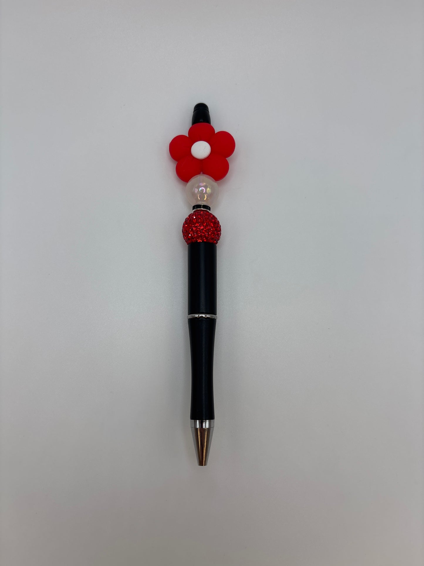Red Daisy Flower Sparkle Beaded Pen - Handmade Black Barrel Pen β Cute Flower Pen Gift for Her