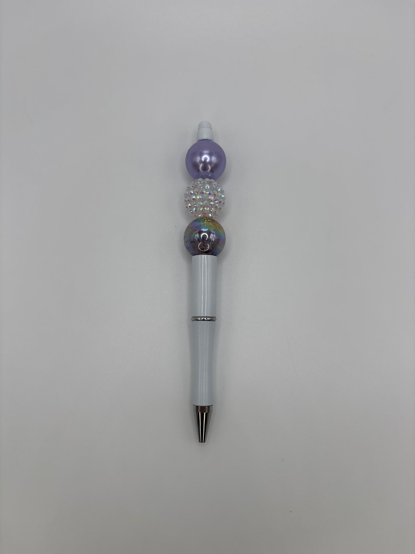 Soft Purple Glow Beaded Pen - Iridescent & Pearl Beads - White Refillable Barrel Pen