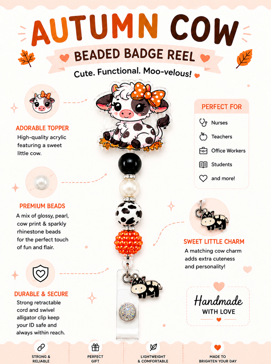 Autumn Cow Beaded Badge Reel with Matching Cow Charm
