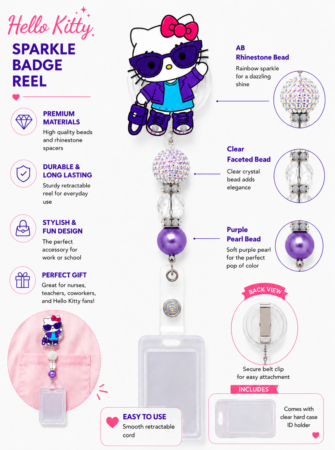 Cute Kitty Sparkle Badge Reel – Purple Pearl & AB Rhinestone Design with Transparent Flip-Top ID Holder