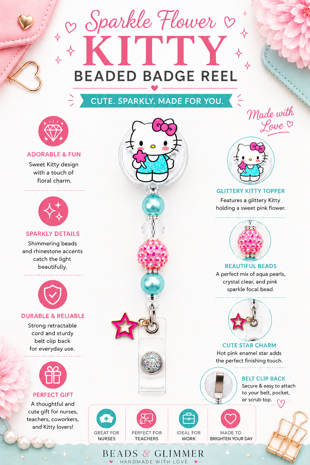 Sparkle Flower Kitty Beaded Badge Reel with Pink Star Charm - Handmade Retractable ID Holder