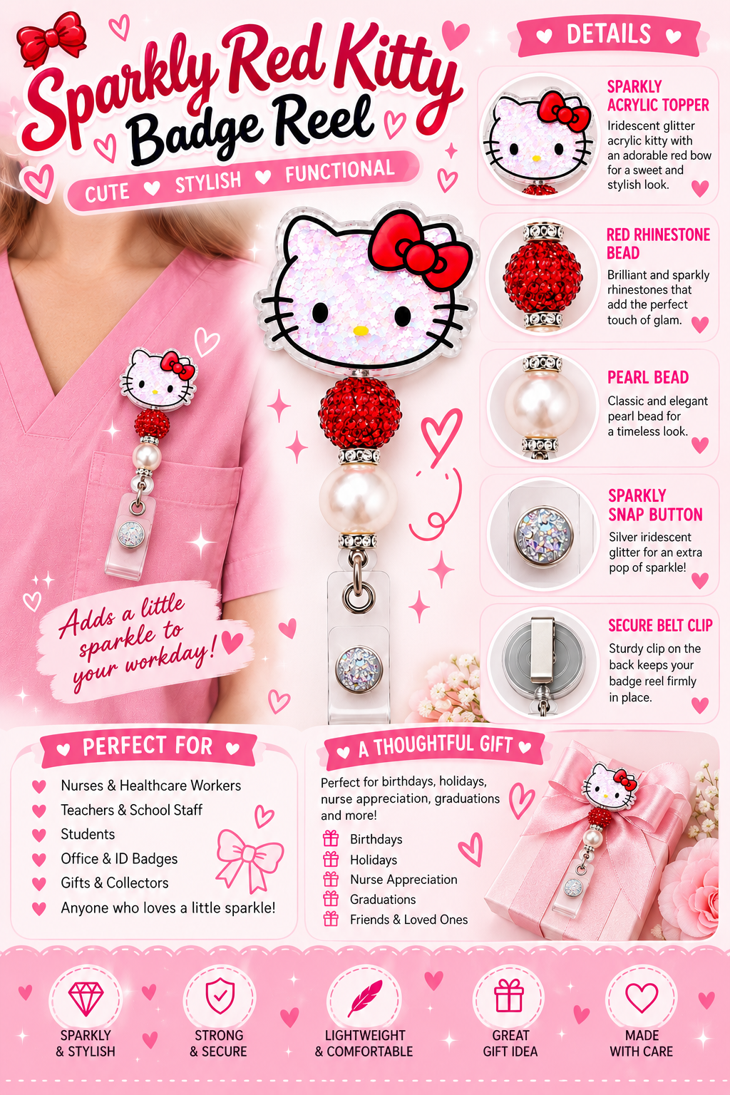 Sparkly Red Kitty Badge Reel with Pearl Bead – Cute Retractable ID Holder