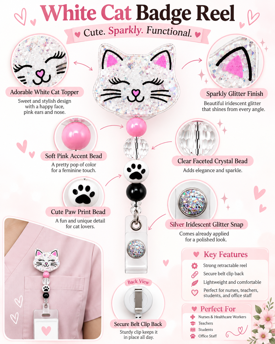 White Cat Badge Reel - Pink & Black Beaded Retractable ID Holder for Nurses & Teachers