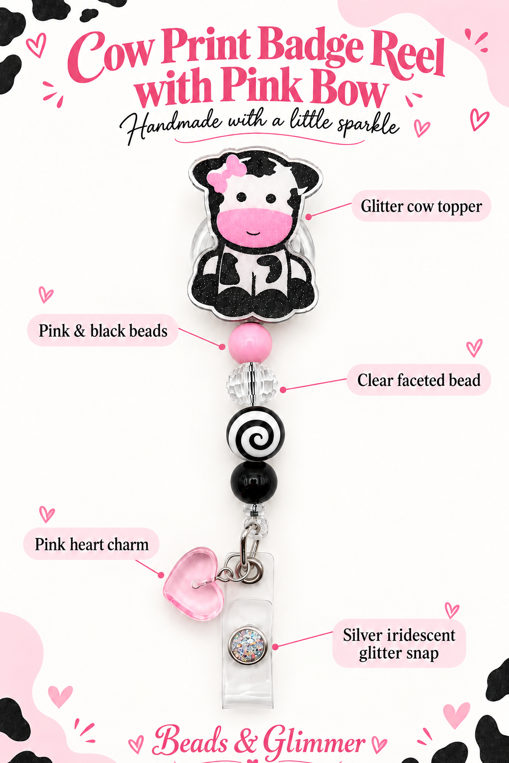 Cow Print Badge Reel with Pink Bow & Heart Charm – Handmade Retractable ID Badge Holder