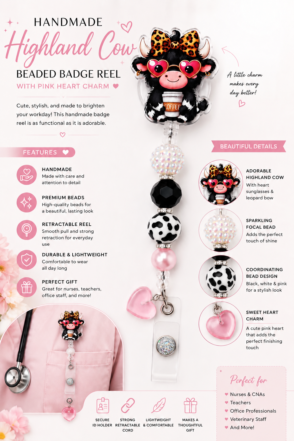 Highland Cow Pink Heart Badge Reel - Handmade Beaded ID Badge Reel with Pink Heart Charm