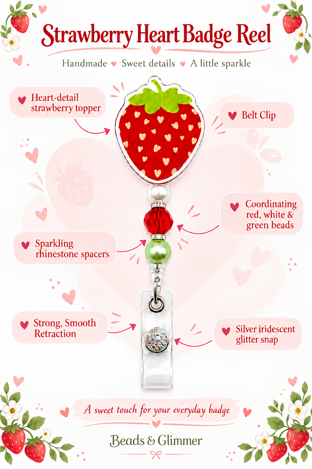 Strawberry Heart Badge Reel - Handmade Beaded Retractable ID Holder