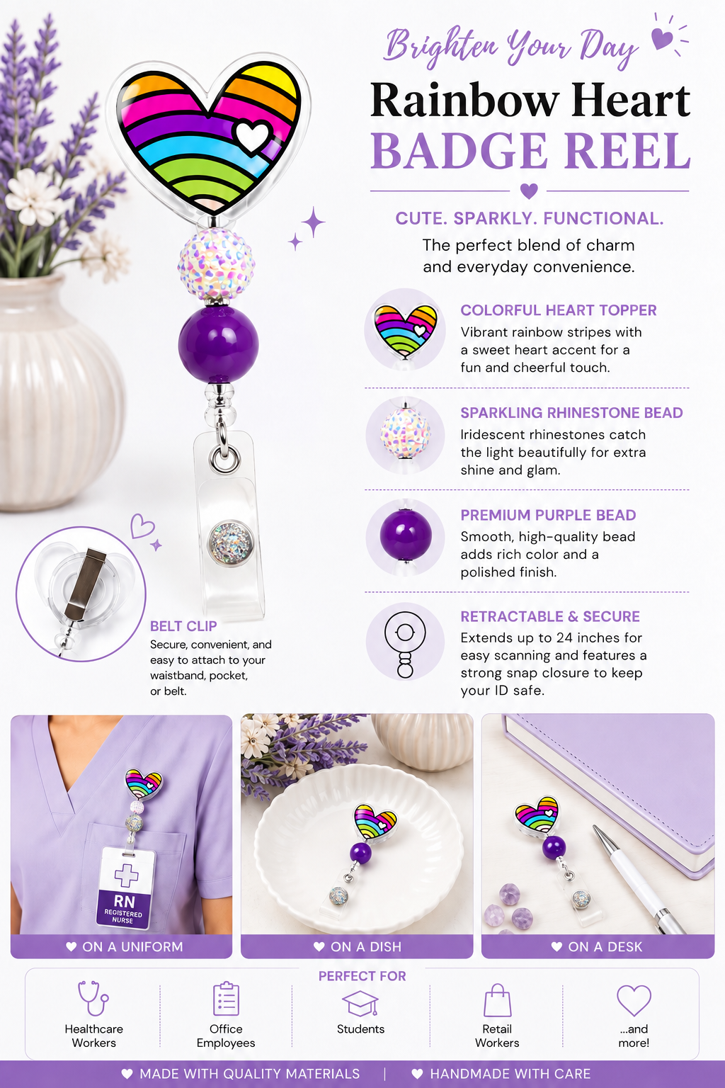 Rainbow Heart Badge Reel – Cute Retractable ID Holder