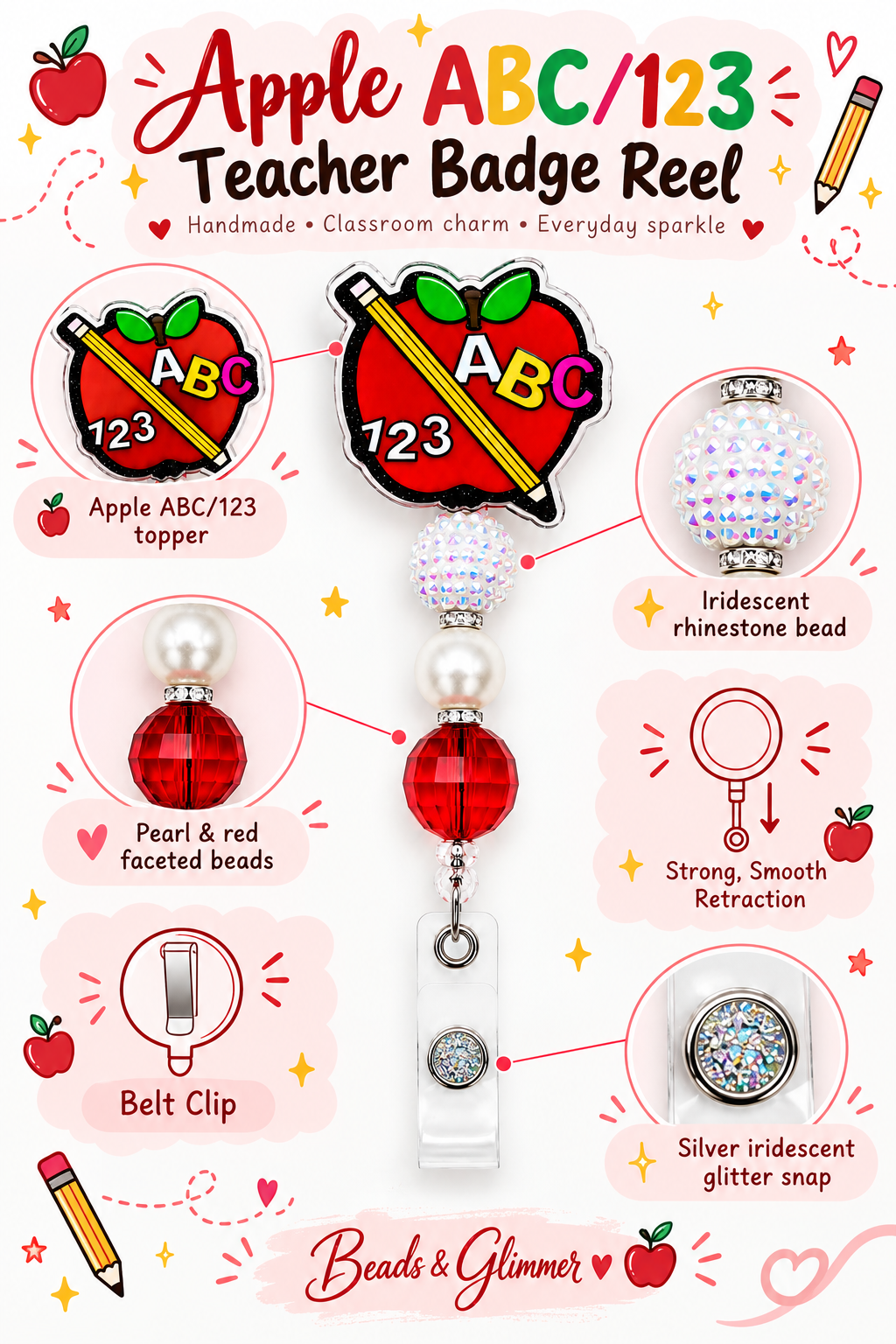 Apple ABC/123 Teacher Badge Reel - Handmade Beaded Retractable ID Holder