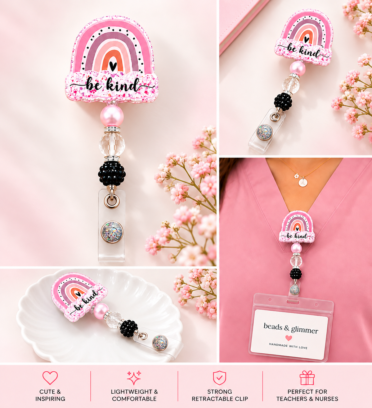 Be Kind Rainbow Badge Reel - Pink Beaded Nurse & Teacher ID Holder