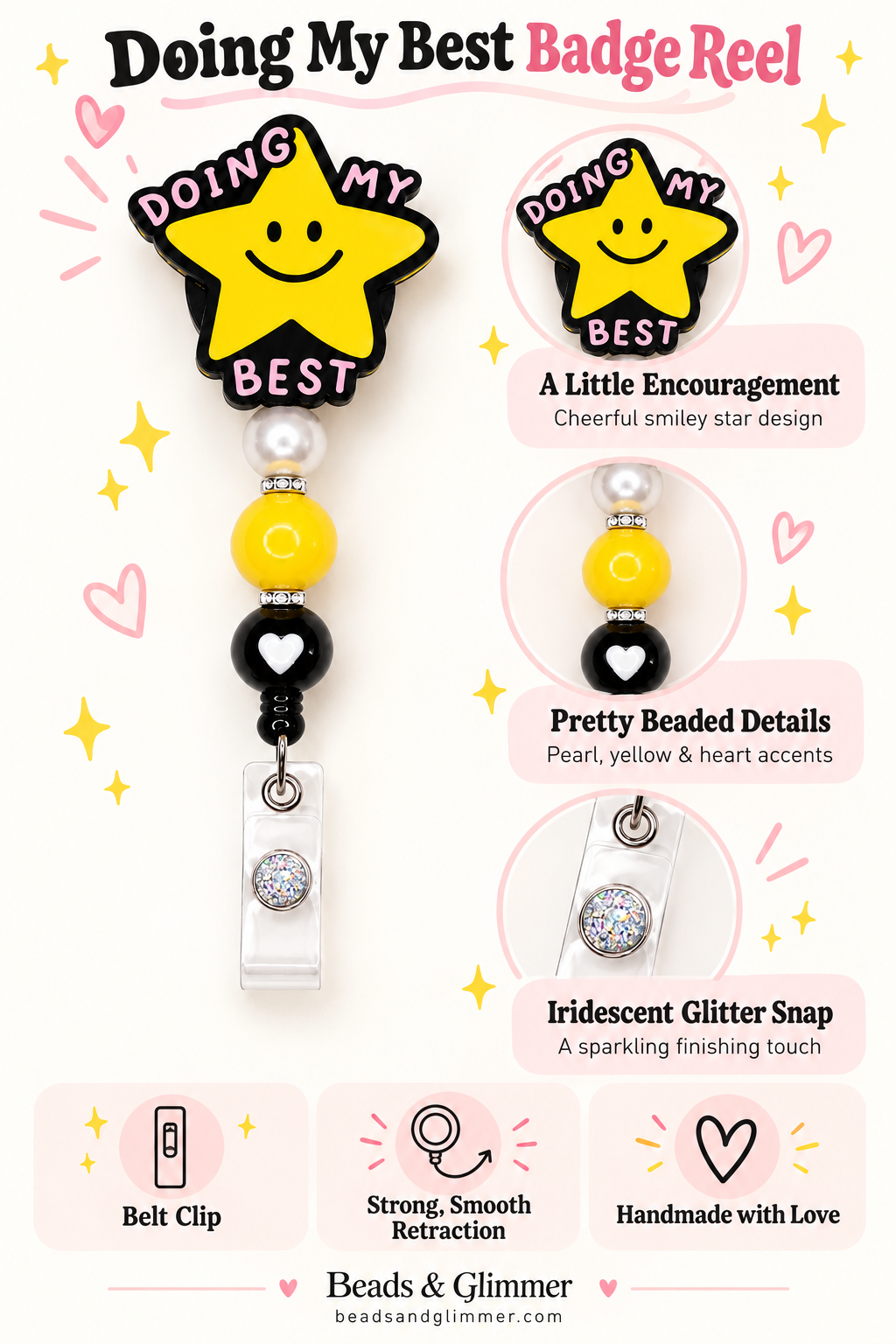 Doing My Best Star Badge Reel – Yellow & Black Beaded ID Holder