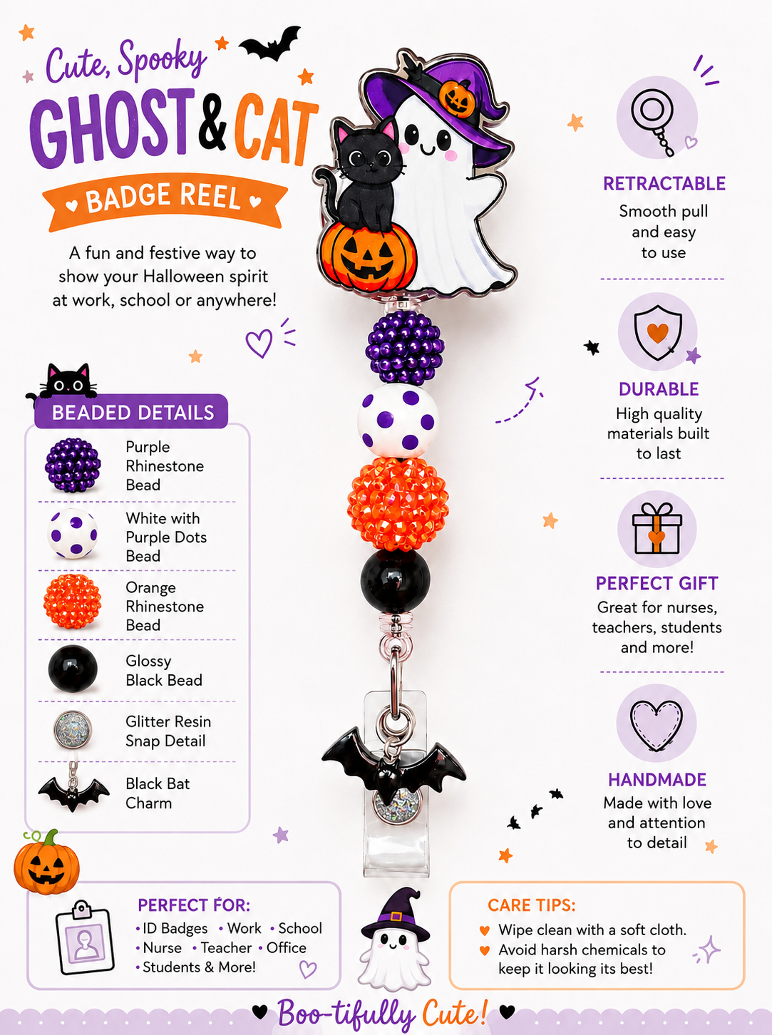 Ghost & Cat Halloween Badge Reel – Purple, Orange & Polka Dot Beaded ID Holder with Bat Charm