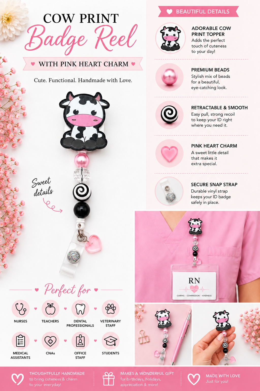 Cow Print Badge Reel with Soft Pink Heart Charm - Pink & Black Cute Cow ID Holder with Swirl Bead