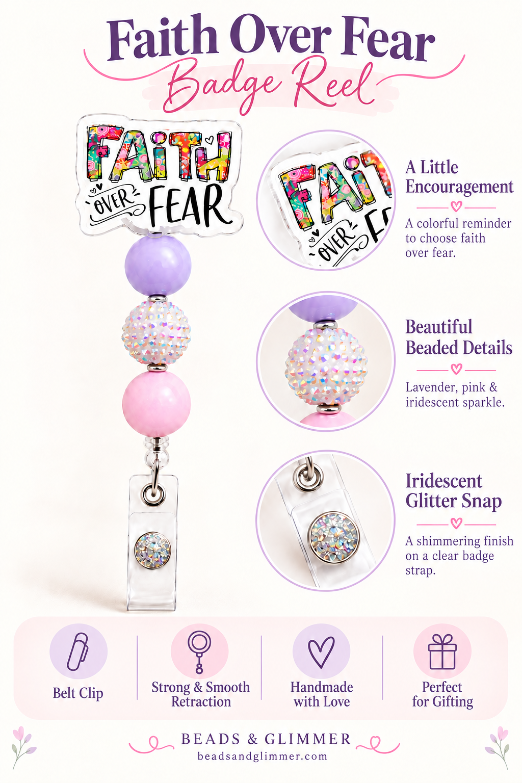 Faith Over Fear Badge Reel - Pastel Purple, White & Pink Beaded ID Holder