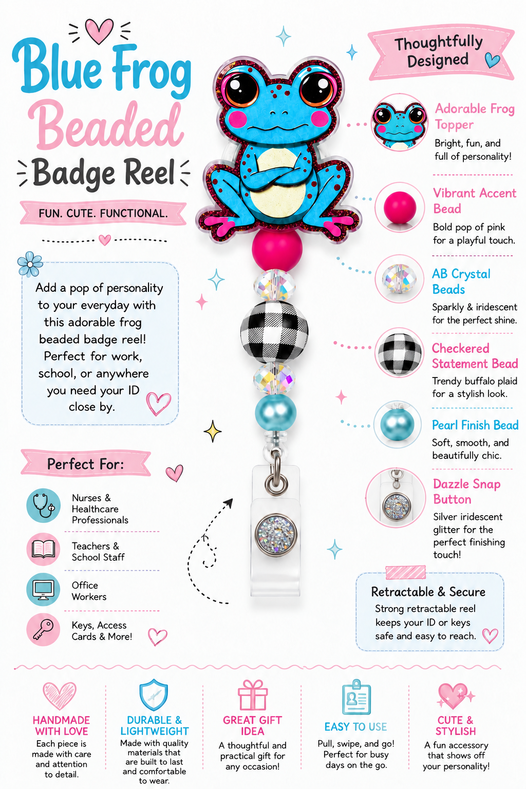 Blue Frog Beaded Badge Reel with Pink, AB Crystal & Checkered Beads