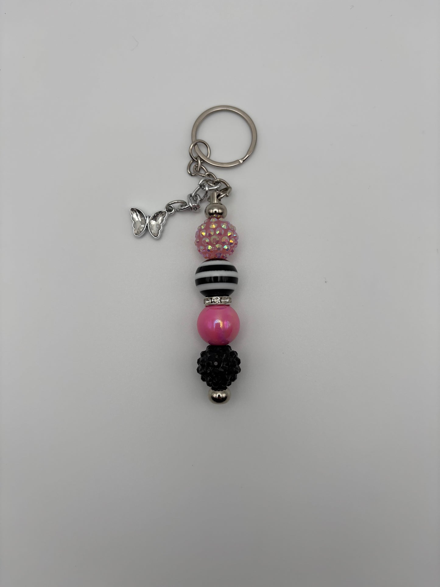 Pink & Black Stripe Beaded Keychain with Butterfly Charm