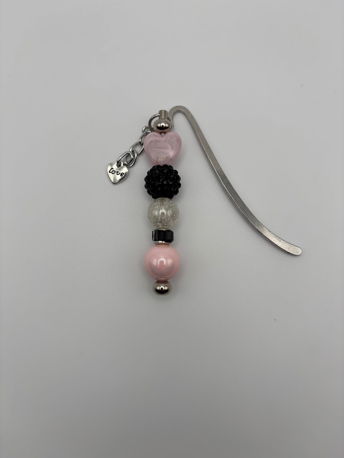 Pink & Black Heart Beaded Bookmark with Love Charm