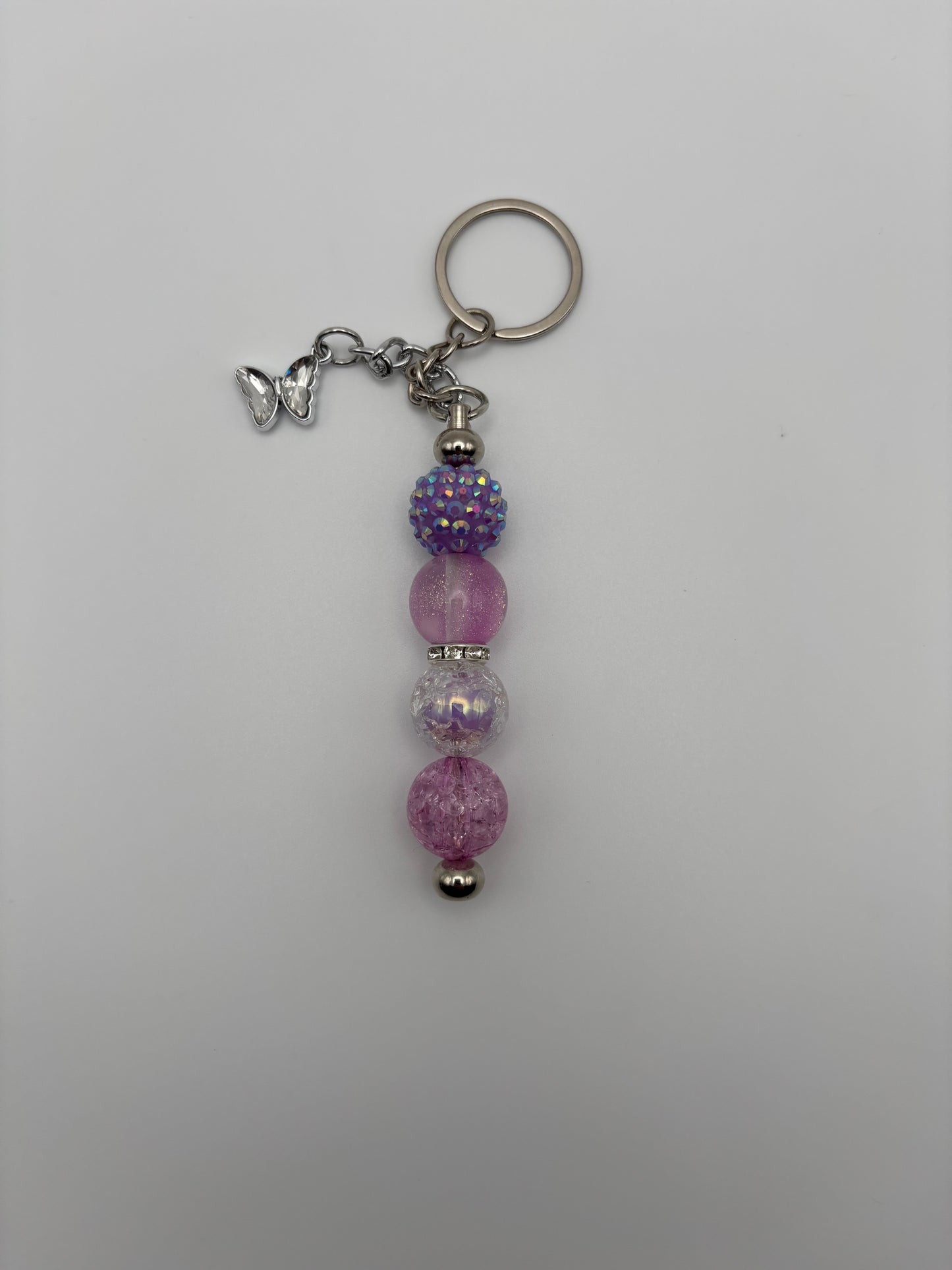 Purple Sparkle Beaded Keychain with Butterfly Charm